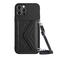 Load image into Gallery viewer, Rhombic Texture Card Bag RFID Phone Case with Long Lanyard, For iPhone SE 2022 / SE 2020, For iPhone 13 Pro Max, For iPhone 13 Pro, For iPhone 13, For iPhone 13 mini, For iPhone 12, For iPhone 12 Pro Max, For iPhone 12 Pro