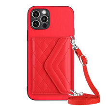 Load image into Gallery viewer, Rhombic Texture Card Bag RFID Phone Case with Long Lanyard, For iPhone SE 2022 / SE 2020, For iPhone 13 Pro Max, For iPhone 13 Pro, For iPhone 13, For iPhone 13 mini, For iPhone 12, For iPhone 12 Pro Max, For iPhone 12 Pro