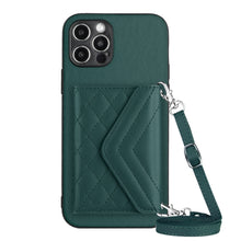 Load image into Gallery viewer, Rhombic Texture Card Bag RFID Phone Case with Long Lanyard, For iPhone SE 2022 / SE 2020, For iPhone 13 Pro Max, For iPhone 13 Pro, For iPhone 13, For iPhone 13 mini, For iPhone 12, For iPhone 12 Pro Max, For iPhone 12 Pro