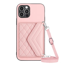 Load image into Gallery viewer, Rhombic Texture Card Bag RFID Phone Case with Long Lanyard, For iPhone SE 2022 / SE 2020, For iPhone 13 Pro Max, For iPhone 13 Pro, For iPhone 13, For iPhone 13 mini, For iPhone 12, For iPhone 12 Pro Max, For iPhone 12 Pro