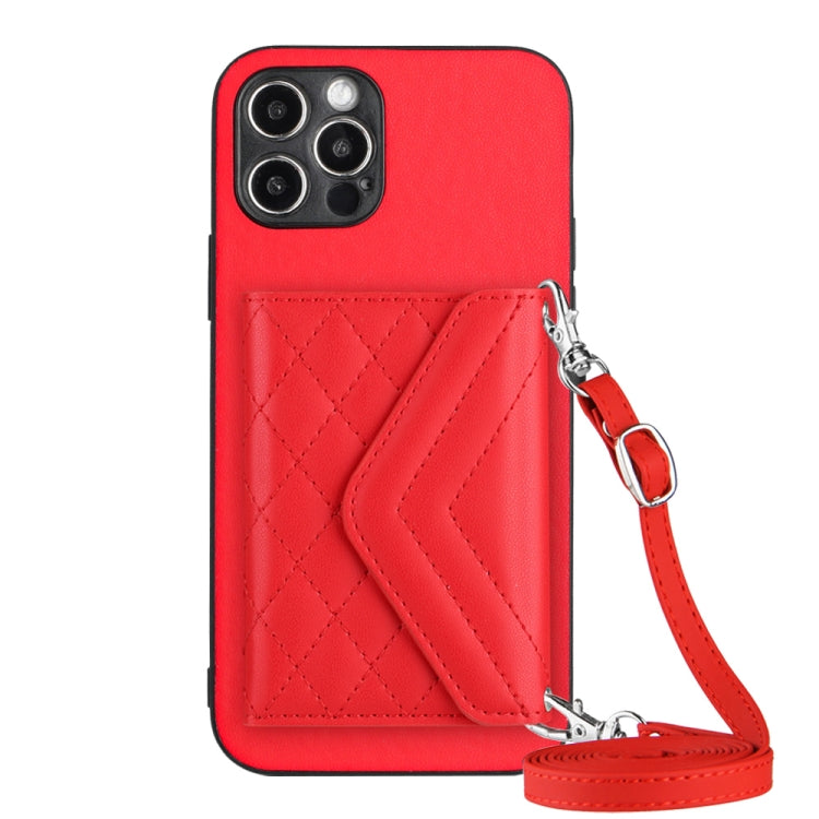 Rhombic Texture Card Bag RFID Phone Case with Long Lanyard, For iPhone SE 2022 / SE 2020, For iPhone 13 Pro Max, For iPhone 13 Pro, For iPhone 13, For iPhone 13 mini, For iPhone 12, For iPhone 12 Pro Max, For iPhone 12 Pro
