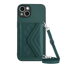 Load image into Gallery viewer, Rhombic Texture Card Bag RFID Phone Case with Long Lanyard, For iPhone SE 2022 / SE 2020, For iPhone 13 Pro Max, For iPhone 13 Pro, For iPhone 13, For iPhone 13 mini, For iPhone 12, For iPhone 12 Pro Max, For iPhone 12 Pro