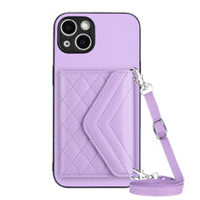 Load image into Gallery viewer, Rhombic Texture Card Bag RFID Phone Case with Long Lanyard, For iPhone SE 2022 / SE 2020, For iPhone 13 Pro Max, For iPhone 13 Pro, For iPhone 13, For iPhone 13 mini, For iPhone 12, For iPhone 12 Pro Max, For iPhone 12 Pro