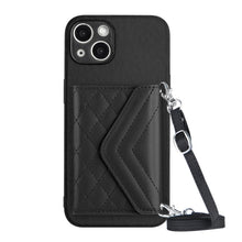Load image into Gallery viewer, Rhombic Texture Card Bag RFID Phone Case with Long Lanyard, For iPhone SE 2022 / SE 2020, For iPhone 13 Pro Max, For iPhone 13 Pro, For iPhone 13, For iPhone 13 mini, For iPhone 12, For iPhone 12 Pro Max, For iPhone 12 Pro