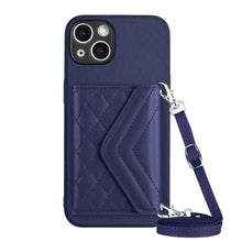 Load image into Gallery viewer, Rhombic Texture Card Bag RFID Phone Case with Long Lanyard, For iPhone SE 2022 / SE 2020, For iPhone 13 Pro Max, For iPhone 13 Pro, For iPhone 13, For iPhone 13 mini, For iPhone 12, For iPhone 12 Pro Max, For iPhone 12 Pro