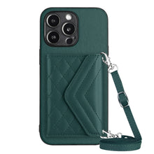 Load image into Gallery viewer, Rhombic Texture Card Bag RFID Phone Case with Long Lanyard, For iPhone SE 2022 / SE 2020, For iPhone 13 Pro Max, For iPhone 13 Pro, For iPhone 13, For iPhone 13 mini, For iPhone 12, For iPhone 12 Pro Max, For iPhone 12 Pro
