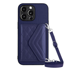 Load image into Gallery viewer, Rhombic Texture Card Bag RFID Phone Case with Long Lanyard, For iPhone SE 2022 / SE 2020, For iPhone 13 Pro Max, For iPhone 13 Pro, For iPhone 13, For iPhone 13 mini, For iPhone 12, For iPhone 12 Pro Max, For iPhone 12 Pro