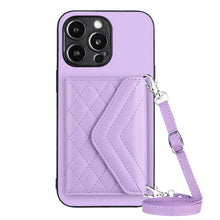 Load image into Gallery viewer, Rhombic Texture Card Bag RFID Phone Case with Long Lanyard, For iPhone SE 2022 / SE 2020, For iPhone 13 Pro Max, For iPhone 13 Pro, For iPhone 13, For iPhone 13 mini, For iPhone 12, For iPhone 12 Pro Max, For iPhone 12 Pro