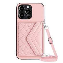 Load image into Gallery viewer, Rhombic Texture Card Bag RFID Phone Case with Long Lanyard, For iPhone SE 2022 / SE 2020, For iPhone 13 Pro Max, For iPhone 13 Pro, For iPhone 13, For iPhone 13 mini, For iPhone 12, For iPhone 12 Pro Max, For iPhone 12 Pro