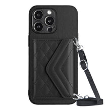 Load image into Gallery viewer, Rhombic Texture Card Bag RFID Phone Case with Long Lanyard, For iPhone SE 2022 / SE 2020, For iPhone 13 Pro Max, For iPhone 13 Pro, For iPhone 13, For iPhone 13 mini, For iPhone 12, For iPhone 12 Pro Max, For iPhone 12 Pro