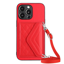 Load image into Gallery viewer, Rhombic Texture Card Bag RFID Phone Case with Long Lanyard, For iPhone SE 2022 / SE 2020, For iPhone 13 Pro Max, For iPhone 13 Pro, For iPhone 13, For iPhone 13 mini, For iPhone 12, For iPhone 12 Pro Max, For iPhone 12 Pro