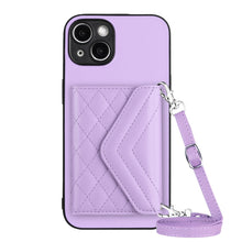Load image into Gallery viewer, Rhombic Texture Card Bag RFID Phone Case with Long Lanyard, For iPhone 15 Pro Max, For iPhone 15 Pro, For iPhone 15 Plus, For iPhone 15, For iPhone 14 Plus, For iPhone 14, For iPhone 14 Pro, For iPhone 14 Pro Max