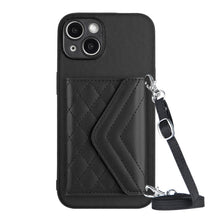 Load image into Gallery viewer, Rhombic Texture Card Bag RFID Phone Case with Long Lanyard, For iPhone 15 Pro Max, For iPhone 15 Pro, For iPhone 15 Plus, For iPhone 15, For iPhone 14 Plus, For iPhone 14, For iPhone 14 Pro, For iPhone 14 Pro Max