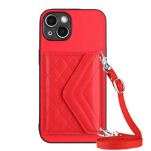 Load image into Gallery viewer, Rhombic Texture Card Bag RFID Phone Case with Long Lanyard, For iPhone 15 Pro Max, For iPhone 15 Pro, For iPhone 15 Plus, For iPhone 15, For iPhone 14 Plus, For iPhone 14, For iPhone 14 Pro, For iPhone 14 Pro Max