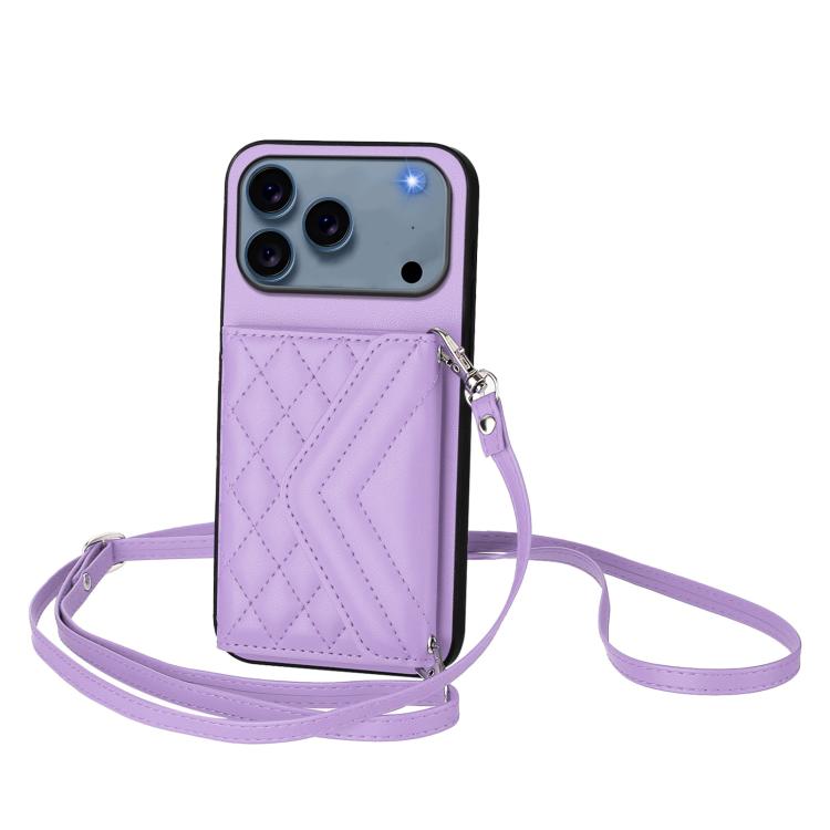 Rhombic Texture Card Bag RFID Phone Case with Long Lanyard, For iPhone 18 Pro / 17 Pro, For iPhone 18 Pro Max / 17 Pro Max, For iPhone 17, For iPhone Air, For iPhone 16 Pro Max, For iPhone 16 Pro, For iPhone 16 Plus, For iPhone 16