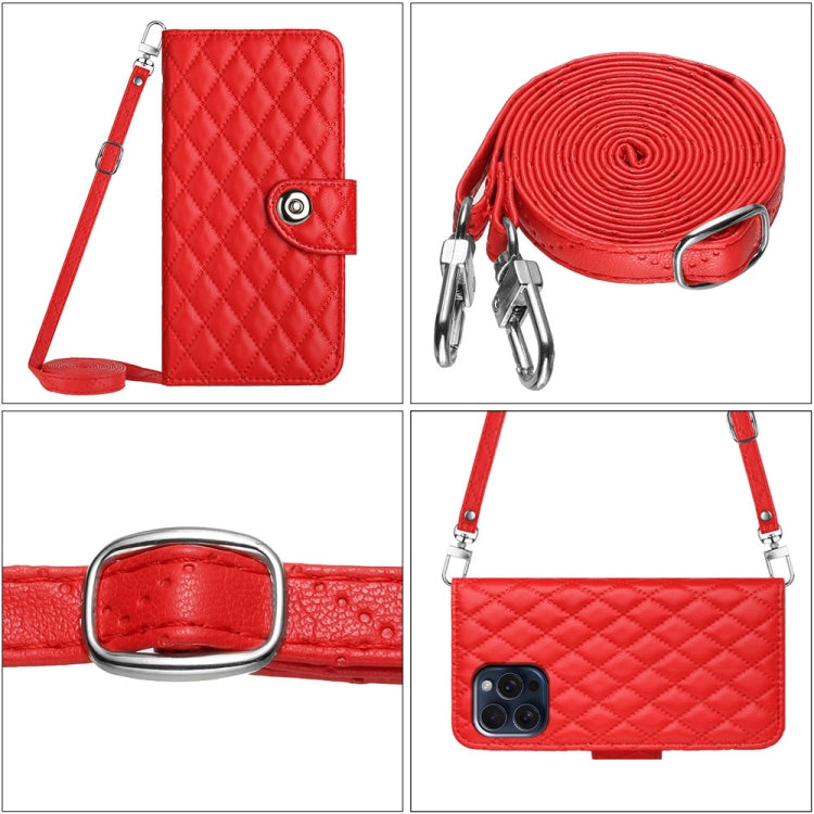 Rhombic Texture Flip Leather Phone Case with Long Lanyard, For iPhone 15 Pro Max, For iPhone 15 Pro, For iPhone 15 Plus, For iPhone 15, For iPhone 14 Plus, For iPhone 14, For iPhone 14 Pro, For iPhone 14 Pro Max