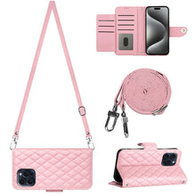 Load image into Gallery viewer, Rhombic Texture Flip Leather Phone Case with Long Lanyard, For iPhone 15 Pro Max, For iPhone 15 Pro, For iPhone 15 Plus, For iPhone 15, For iPhone 14 Plus, For iPhone 14, For iPhone 14 Pro, For iPhone 14 Pro Max