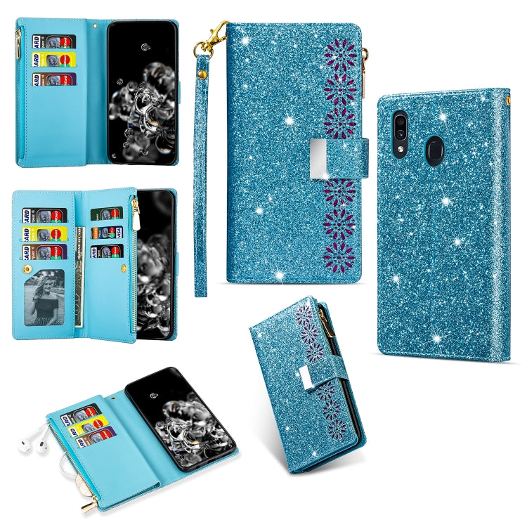 Multi-card Slots Starry Sky Laser Carving Glitter Zipper Horizontal Flip Leather Case with Holder & Wallet & Lanyard, For Samsung Galaxy A20e /  A10e, For Samsung Galaxy A40, For Samsung Galaxy M40 / A60, For Samsung Galaxy A6 (2018)                   ...