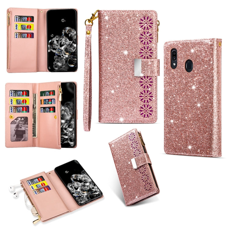 Multi-card Slots Starry Sky Laser Carving Glitter Zipper Horizontal Flip Leather Case with Holder & Wallet & Lanyard, For Samsung Galaxy A20e /  A10e, For Samsung Galaxy A40, For Samsung Galaxy M40 / A60, For Samsung Galaxy A6 (2018)                   ...