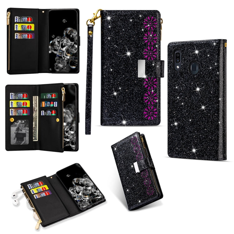 Multi-card Slots Starry Sky Laser Carving Glitter Zipper Horizontal Flip Leather Case with Holder & Wallet & Lanyard, For Samsung Galaxy A20e /  A10e, For Samsung Galaxy A40, For Samsung Galaxy M40 / A60, For Samsung Galaxy A6 (2018)                   ...