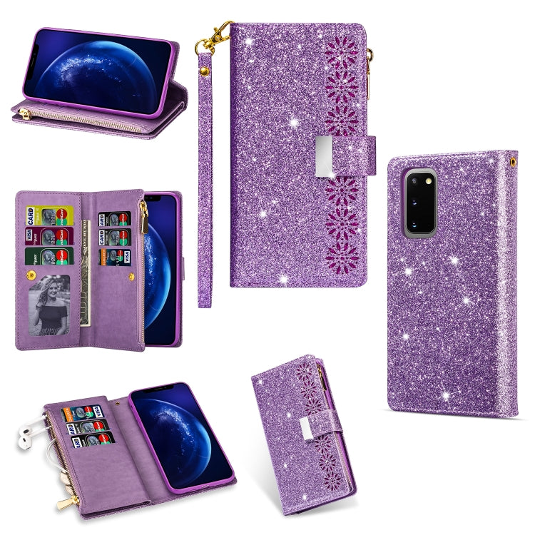 Multi-card Slots Starry Sky Laser Carving Glitter Zipper Horizontal Flip Leather Case with Holder & Wallet & Lanyard