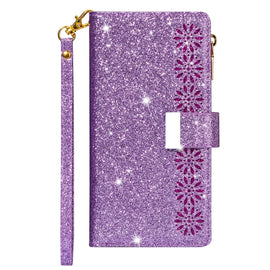 Multi-card Slots Starry Sky Laser Carving Glitter Zipper Horizontal Flip Leather Case with Holder & Wallet & Lanyard