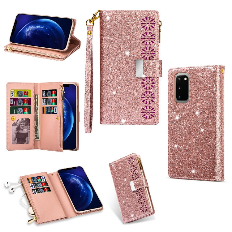 Multi-card Slots Starry Sky Laser Carving Glitter Zipper Horizontal Flip Leather Case with Holder & Wallet & Lanyard