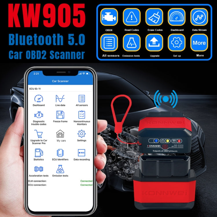 KONNWEI KW905 Bluetooth 5.0 Car OBD2 Scanner Support Android & iOS, KW905