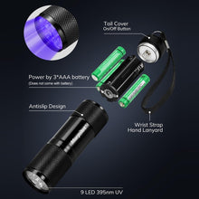 Load image into Gallery viewer, Mini 9 LEDs 395nm Ultraviolet Ray Detection Flashlight, 9 LEDs UV-ray