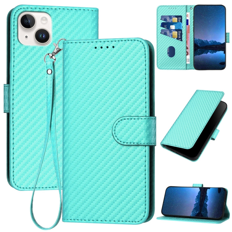 YX0070 Carbon Fiber Buckle Leather Phone Case with Lanyard, For iPhone 15, For iPhone 14 Plus, For iPhone 14, For iPhone 14 Pro, For iPhone 14 Pro Max, For iPhone SE 2022 / SE 2020 / 8 / 7