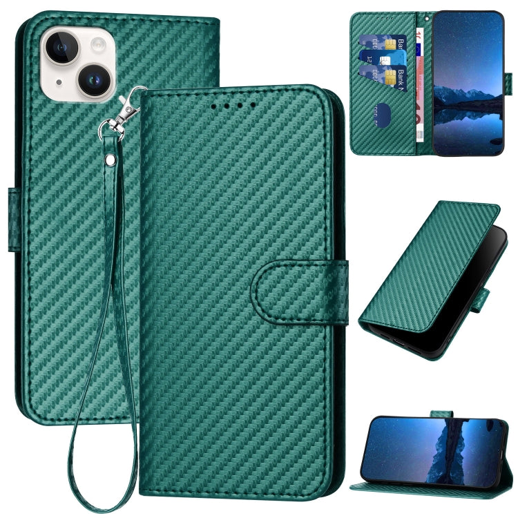 YX0070 Carbon Fiber Buckle Leather Phone Case with Lanyard, For iPhone 15, For iPhone 14 Plus, For iPhone 14, For iPhone 14 Pro, For iPhone 14 Pro Max, For iPhone SE 2022 / SE 2020 / 8 / 7
