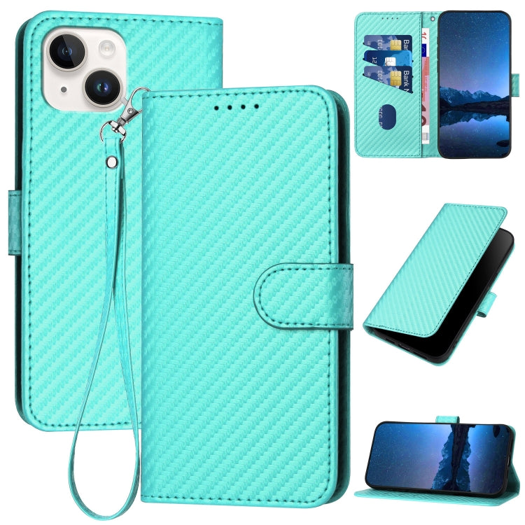 YX0070 Carbon Fiber Buckle Leather Phone Case with Lanyard, For iPhone 15, For iPhone 14 Plus, For iPhone 14, For iPhone 14 Pro, For iPhone 14 Pro Max, For iPhone SE 2022 / SE 2020 / 8 / 7