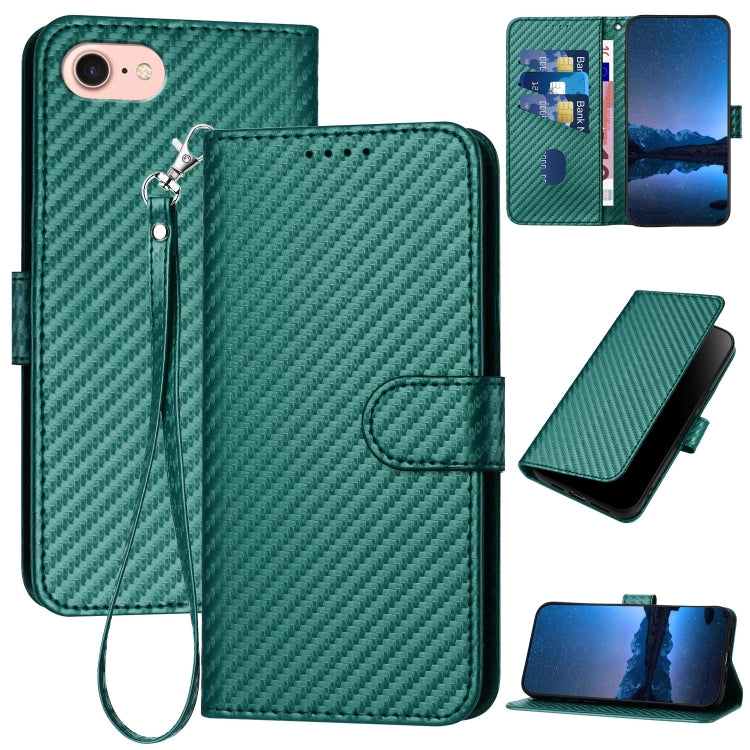 YX0070 Carbon Fiber Buckle Leather Phone Case with Lanyard, For iPhone 15, For iPhone 14 Plus, For iPhone 14, For iPhone 14 Pro, For iPhone 14 Pro Max, For iPhone SE 2022 / SE 2020 / 8 / 7