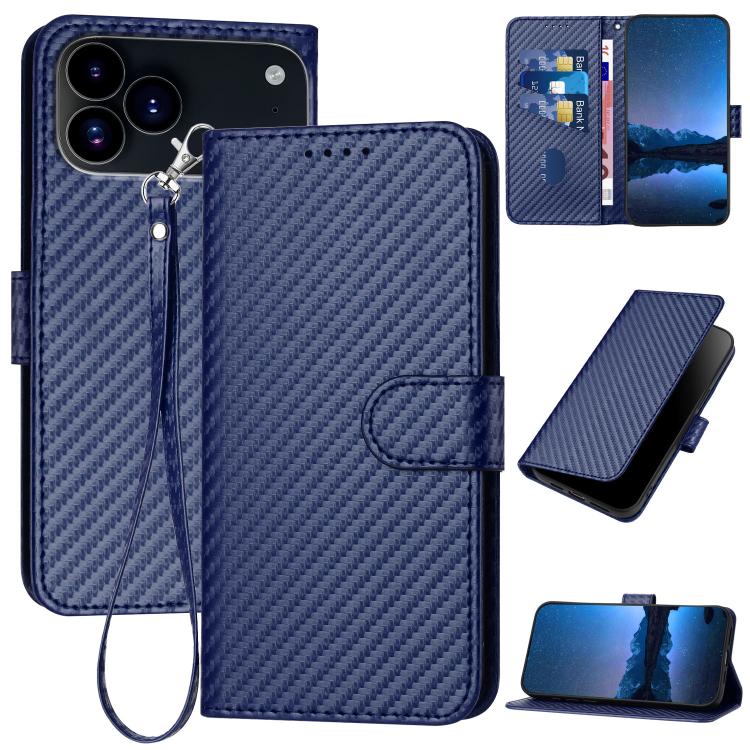 YX0070 Carbon Fiber Buckle Leather Phone Case with Lanyard, For iPhone 18 Pro / 17 Pro, For iPhone 18 Pro Max / 17 Pro Max, For iPhone 17e / 16e, For iPhone 17, For iPhone Air, For iPhone 16 Pro Max
