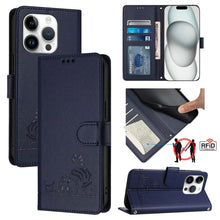 Load image into Gallery viewer, Cat Rat Embossed Pattern RFID Leather Phone Case with Lanyard, For iPhone 17 Pro Max, For iPhone 17 Pro, For iPhone 17, For iPhone Air, For iPhone SE 2024, For iPhone 15 Pro Max, For iPhone 15 Pro, For iPhone 15 Plus