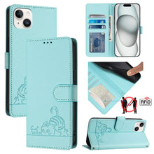 Load image into Gallery viewer, Cat Rat Embossed Pattern RFID Leather Phone Case with Lanyard, For iPhone 17 Pro Max, For iPhone 17 Pro, For iPhone 17, For iPhone Air, For iPhone SE 2024, For iPhone 15 Pro Max, For iPhone 15 Pro, For iPhone 15 Plus