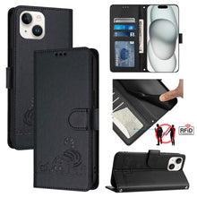 Load image into Gallery viewer, Cat Rat Embossed Pattern RFID Leather Phone Case with Lanyard, For iPhone 15, For iPhone 14 Plus, For iPhone 14/13, For iPhone 14 Pro, For iPhone 14 Pro Max, For iPhone SE 2022/SE 2020/6/7/8, For iPhone 13 Pro Max, For iPhone 13 Pro