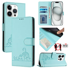 Load image into Gallery viewer, Cat Rat Embossed Pattern RFID Leather Phone Case with Lanyard, For iPhone 15, For iPhone 14 Plus, For iPhone 14/13, For iPhone 14 Pro, For iPhone 14 Pro Max, For iPhone SE 2022/SE 2020/6/7/8, For iPhone 13 Pro Max, For iPhone 13 Pro