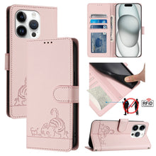 Load image into Gallery viewer, Cat Rat Embossed Pattern RFID Leather Phone Case with Lanyard, For iPhone 15, For iPhone 14 Plus, For iPhone 14/13, For iPhone 14 Pro, For iPhone 14 Pro Max, For iPhone SE 2022/SE 2020/6/7/8, For iPhone 13 Pro Max, For iPhone 13 Pro