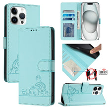 Load image into Gallery viewer, Cat Rat Embossed Pattern RFID Leather Phone Case with Lanyard, For iPhone 15, For iPhone 14 Plus, For iPhone 14/13, For iPhone 14 Pro, For iPhone 14 Pro Max, For iPhone SE 2022/SE 2020/6/7/8, For iPhone 13 Pro Max, For iPhone 13 Pro