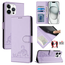 Load image into Gallery viewer, Cat Rat Embossed Pattern RFID Leather Phone Case with Lanyard, For iPhone 15, For iPhone 14 Plus, For iPhone 14/13, For iPhone 14 Pro, For iPhone 14 Pro Max, For iPhone SE 2022/SE 2020/6/7/8, For iPhone 13 Pro Max, For iPhone 13 Pro