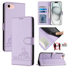 Load image into Gallery viewer, Cat Rat Embossed Pattern RFID Leather Phone Case with Lanyard, For iPhone 15, For iPhone 14 Plus, For iPhone 14/13, For iPhone 14 Pro, For iPhone 14 Pro Max, For iPhone SE 2022/SE 2020/6/7/8, For iPhone 13 Pro Max, For iPhone 13 Pro