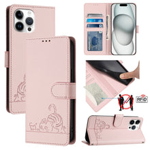 Load image into Gallery viewer, Cat Rat Embossed Pattern RFID Leather Phone Case with Lanyard, For iPhone 15, For iPhone 14 Plus, For iPhone 14/13, For iPhone 14 Pro, For iPhone 14 Pro Max, For iPhone SE 2022/SE 2020/6/7/8, For iPhone 13 Pro Max, For iPhone 13 Pro