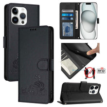 Load image into Gallery viewer, Cat Rat Embossed Pattern RFID Leather Phone Case with Lanyard, For iPhone 15, For iPhone 14 Plus, For iPhone 14/13, For iPhone 14 Pro, For iPhone 14 Pro Max, For iPhone SE 2022/SE 2020/6/7/8, For iPhone 13 Pro Max, For iPhone 13 Pro