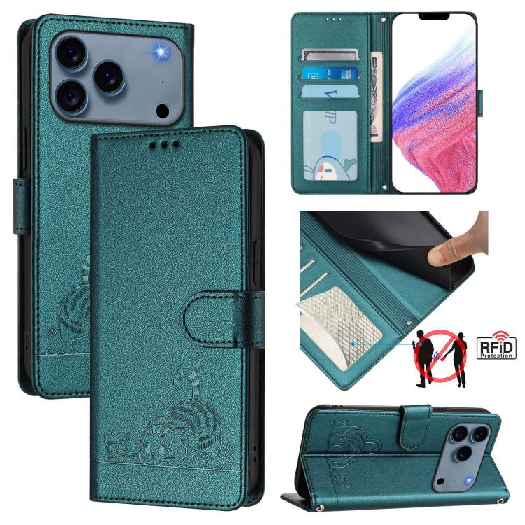 Cat Rat Embossed Pattern RFID Leather Phone Case with Lanyard, For iPhone 18 Pro / 17 Pro, For iPhone 18 Pro Max / 17 Pro Max, For iPhone 17, For iPhone Air, For iPhone 17e / 16e, For iPhone 15 Pro Max, For iPhone 15 Pro, For iPhone 15 Plus
