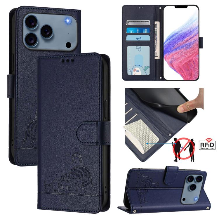 Cat Rat Embossed Pattern RFID Leather Phone Case with Lanyard, For iPhone 18 Pro / 17 Pro, For iPhone 18 Pro Max / 17 Pro Max, For iPhone 17, For iPhone Air, For iPhone 17e / 16e, For iPhone 15 Pro Max, For iPhone 15 Pro, For iPhone 15 Plus