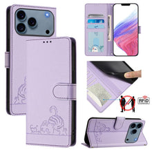 Load image into Gallery viewer, Cat Rat Embossed Pattern RFID Leather Phone Case with Lanyard, For iPhone 18 Pro / 17 Pro, For iPhone 18 Pro Max / 17 Pro Max, For iPhone 17, For iPhone Air, For iPhone 17e / 16e, For iPhone 15 Pro Max, For iPhone 15 Pro, For iPhone 15 Plus