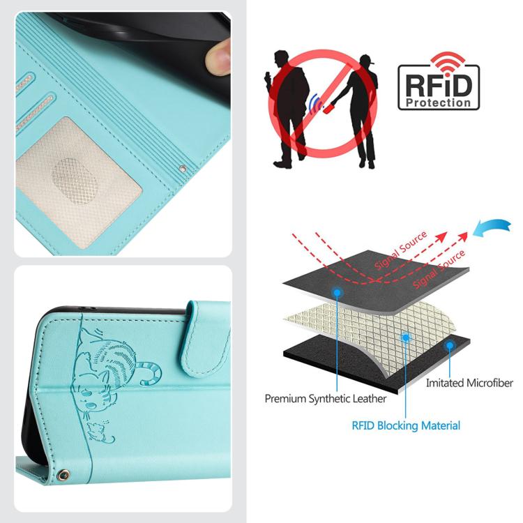 Cat Rat Embossed Pattern RFID Leather Phone Case with Lanyard, For iPhone 18 Pro / 17 Pro, For iPhone 18 Pro Max / 17 Pro Max, For iPhone 17, For iPhone Air, For iPhone 17e / 16e, For iPhone 15 Pro Max, For iPhone 15 Pro, For iPhone 15 Plus