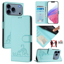 Cat Rat Embossed Pattern RFID Leather Phone Case with Lanyard, For iPhone 18 Pro / 17 Pro, For iPhone 18 Pro Max / 17 Pro Max, For iPhone 17, For iPhone Air, For iPhone 17e / 16e, For iPhone 15 Pro Max, For iPhone 15 Pro, For iPhone 15 Plus