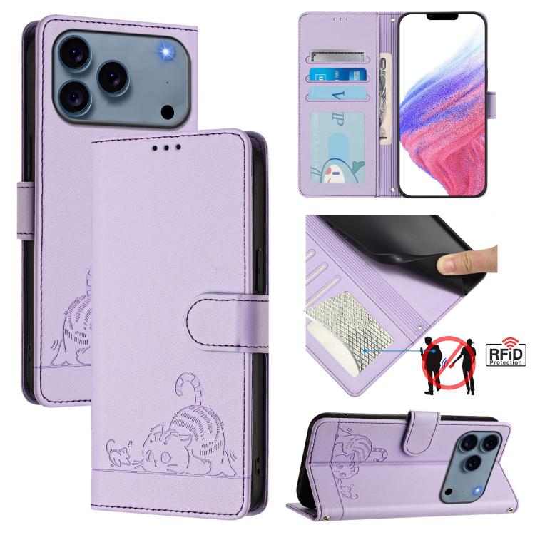 Cat Rat Embossed Pattern RFID Leather Phone Case with Lanyard, For iPhone 18 Pro / 17 Pro, For iPhone 18 Pro Max / 17 Pro Max, For iPhone 17, For iPhone Air, For iPhone 17e / 16e, For iPhone 15 Pro Max, For iPhone 15 Pro, For iPhone 15 Plus